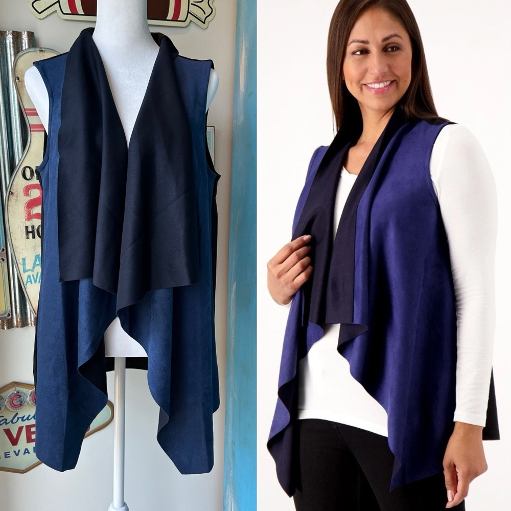Attitudes by Renee Faux Suede Luxe Ponte Open Waterfall Vest in Blue and Black